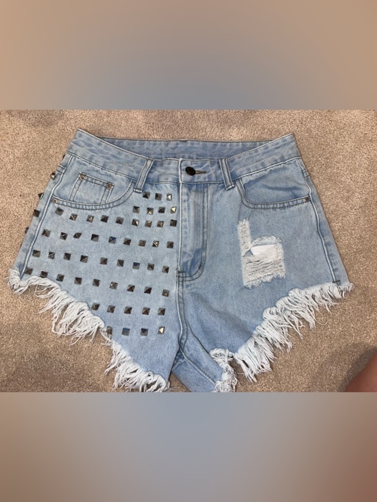 Pants - Light Blue Studded Fringe Denim Shorts
